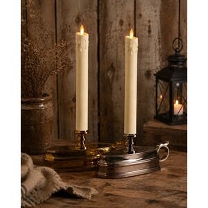 New Luminara Flameless 12" Taper Candles Moving Flame Bronze Tone Base Ivory 2pc